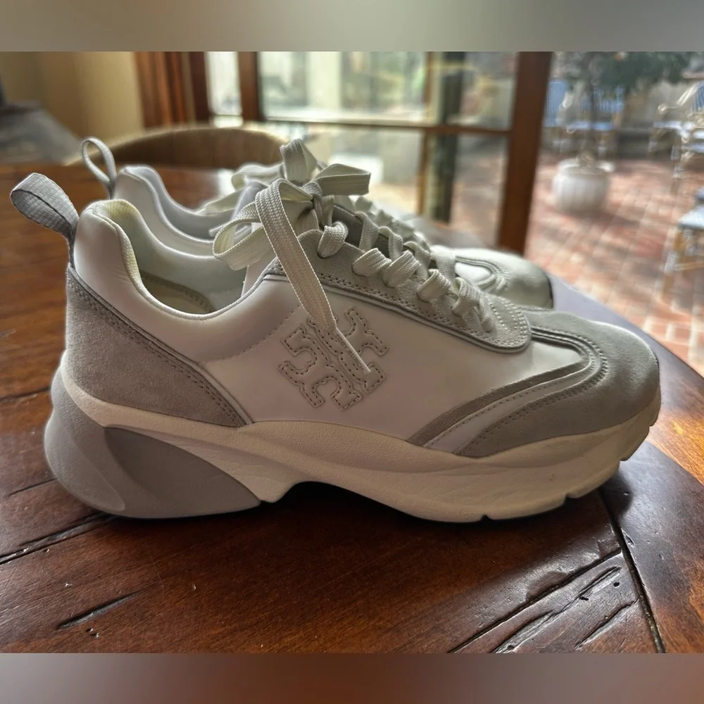 Tory Burch White and Light Gray Leather & Suede Platform Sneakers - Picture 1 of 8